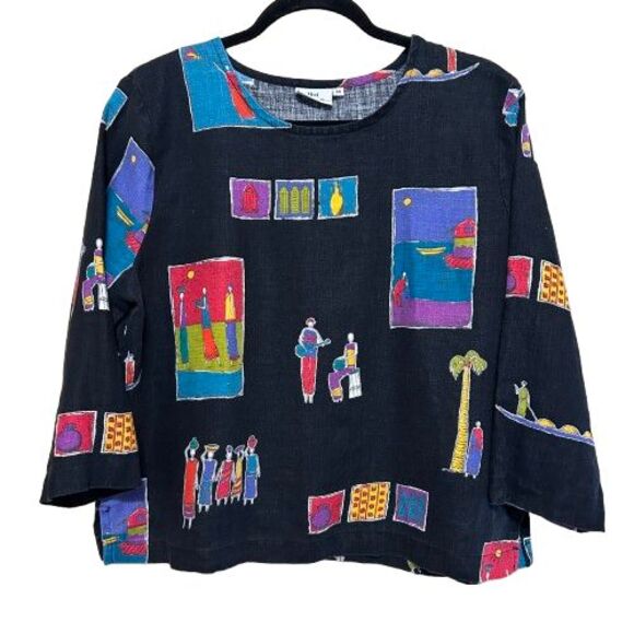 Hot Cotton Tops - Hot Cotton Boxy Linen Blend Novelty Print Top Medium